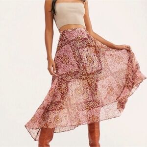 Free People Pleated Boho Flowy Sheer Burgundy Pink Maxi MIDI Skirt Sz M
